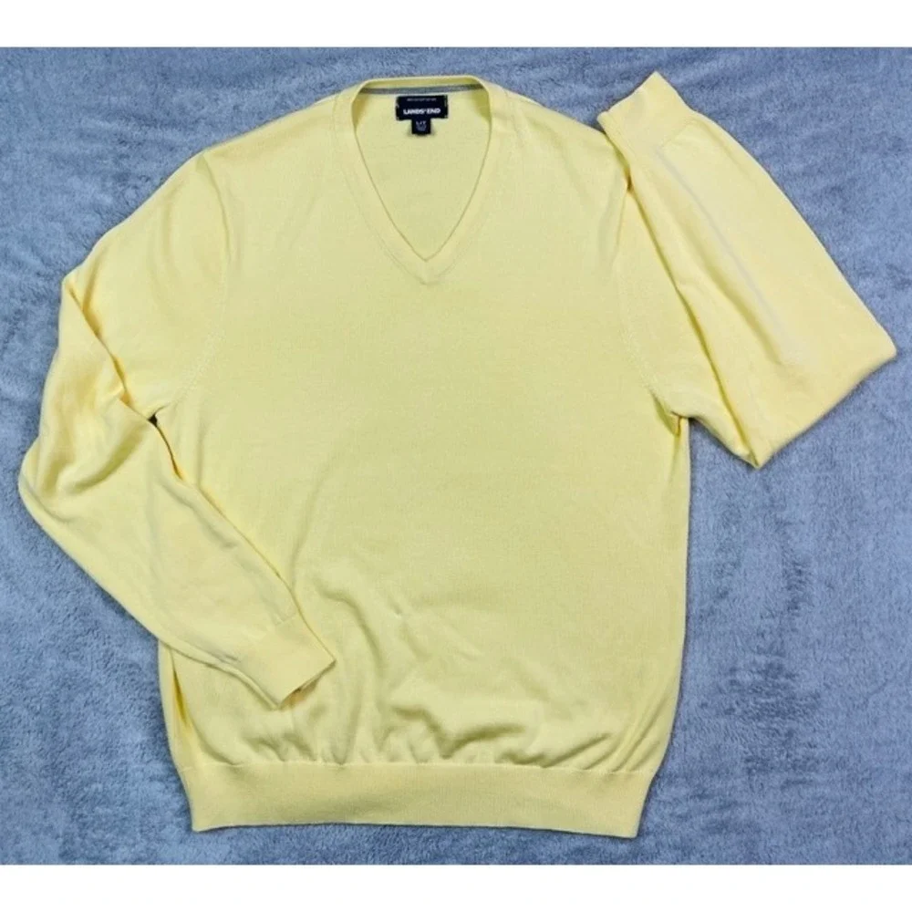 Lands' End Men's Sweater Large Tall Yellow V-Neck 100% Supima Cotton Long Sleeve